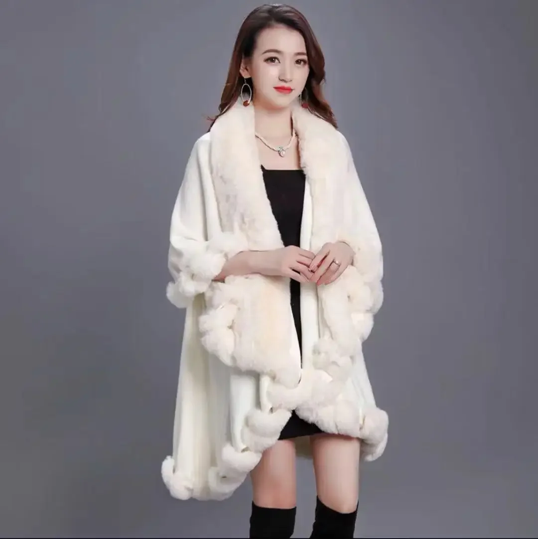 10 Colors 2 Layers Women Winter Cappa Shawl Big Faux Rex Rabbit Fur Collar Long Knited Poncho Overcoat Wraps Fur Pashmina Cloak
