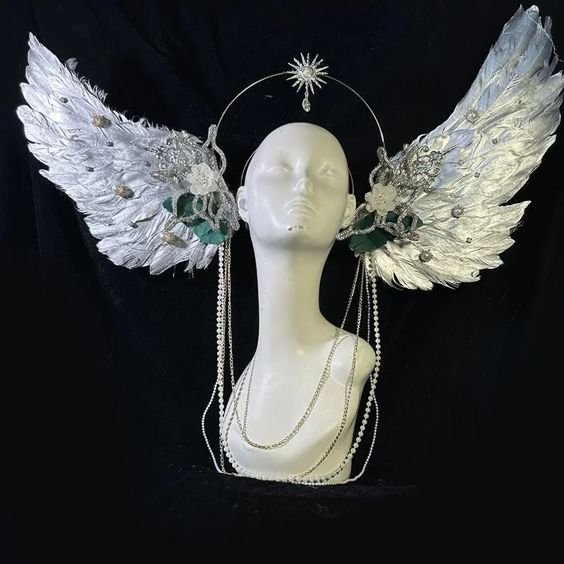 Angel Dazzling Silver Feather Wings Exaggerated Headdress Hair Accessories Catwalk Makeup Styling Virgin Aura Ring Pearl Perform