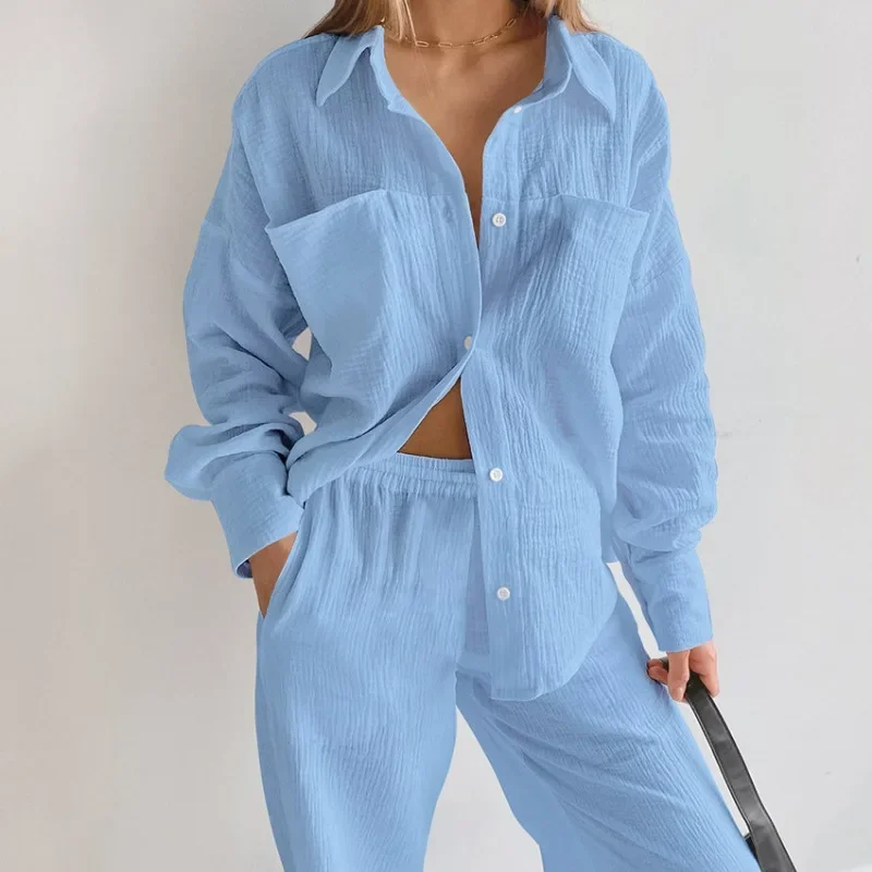 Muslin Women\'s Pajamas 100%Cotton Long Sleeve 2 Piece Sets Nightwear Female Casual Trouser Suits 2024 Spring Sleepwear Home Suit