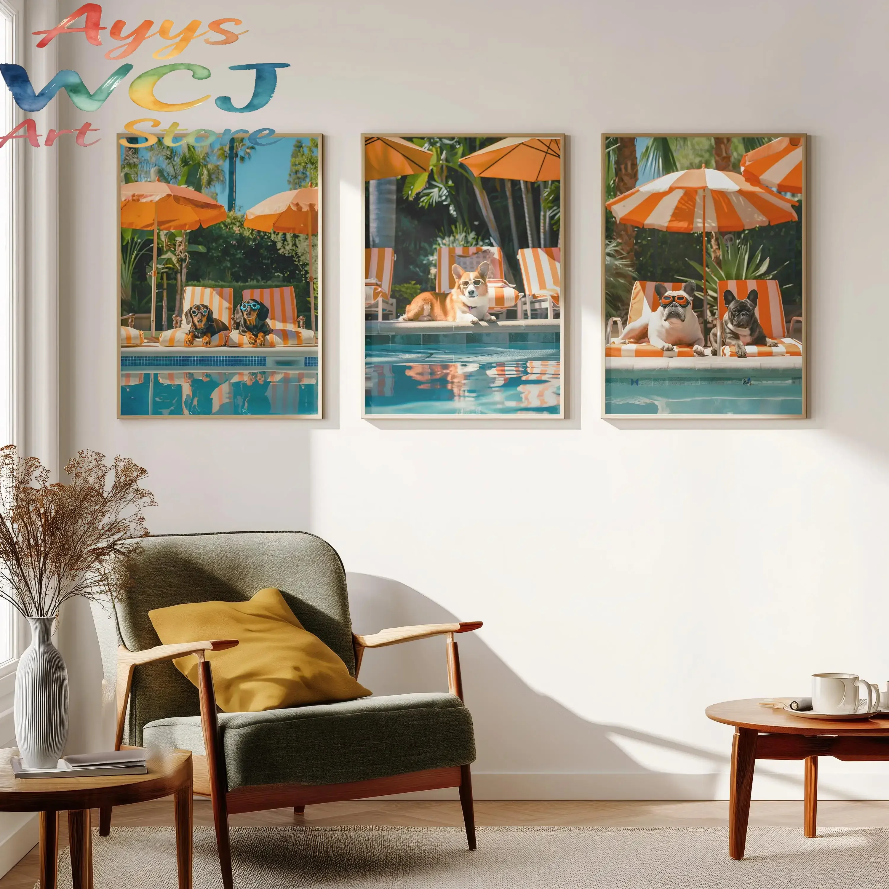 3Pcs Funny Dog Wall Art,Whimsical Coastal Beach House Dog Photography Canvas Prints,Pet Photo Wall Arts,Summer Beach Home Decor