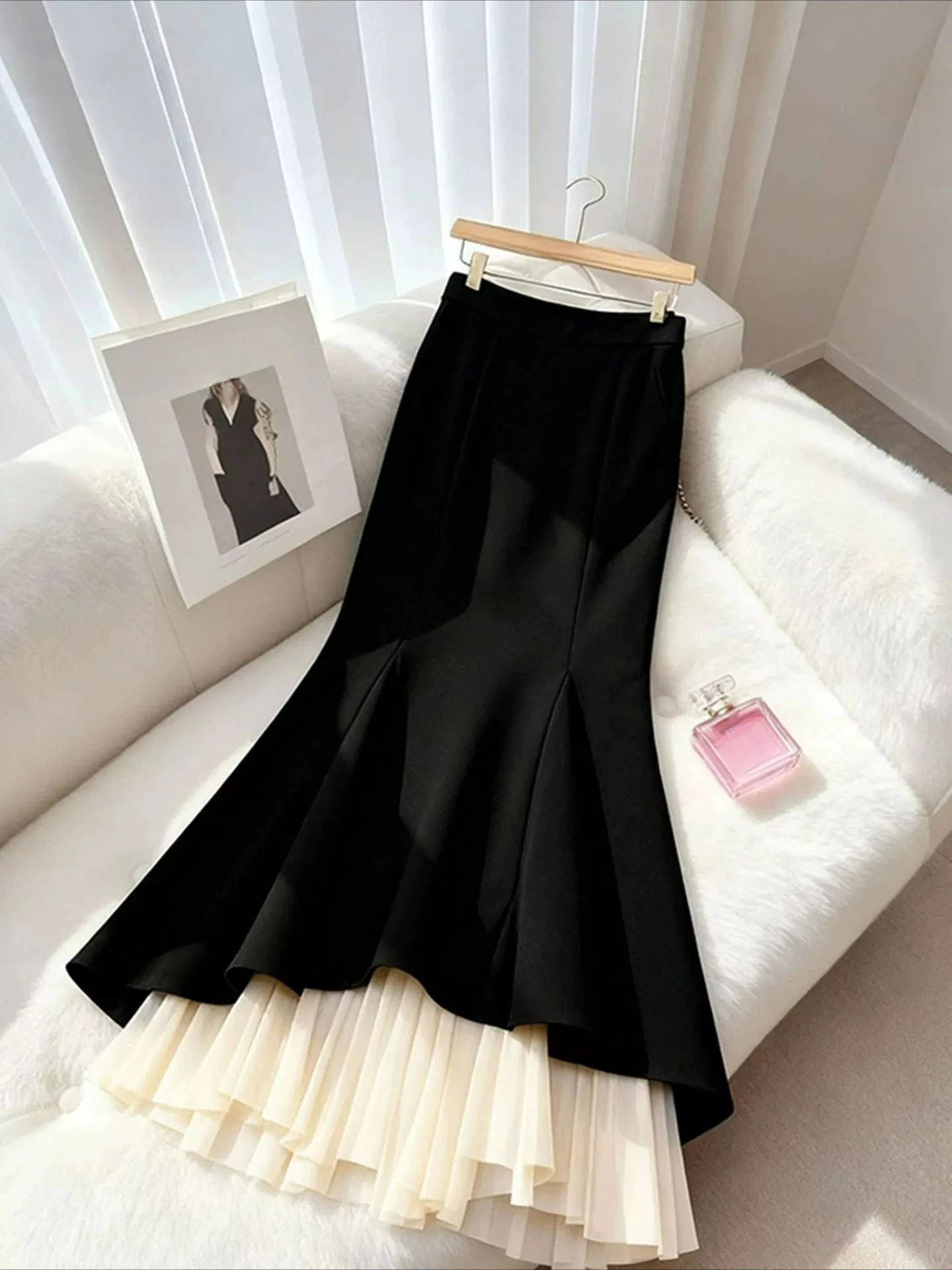 Lack Midi Skirt For Women 2026 New Two-piece Splicing Irregular Wave Fish Tail Skirts
