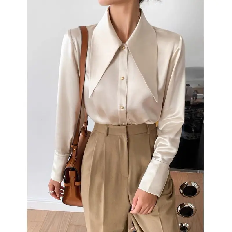 Women Satin Pointed Collar Luxury Designer Elegant Shirts Spring Autumn Fashion Office Lady Business Casual Long Sleeve Blouses