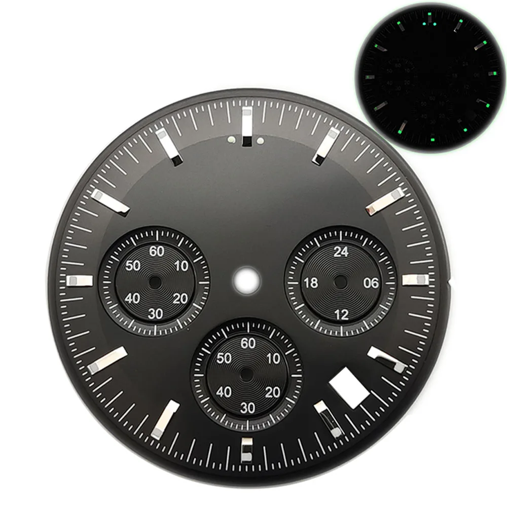 32.5mm Watch Dial for VK63 Movement Multi-function Chronograph Watch Face Seconds Six Hands Green Luminous Dial Accessories