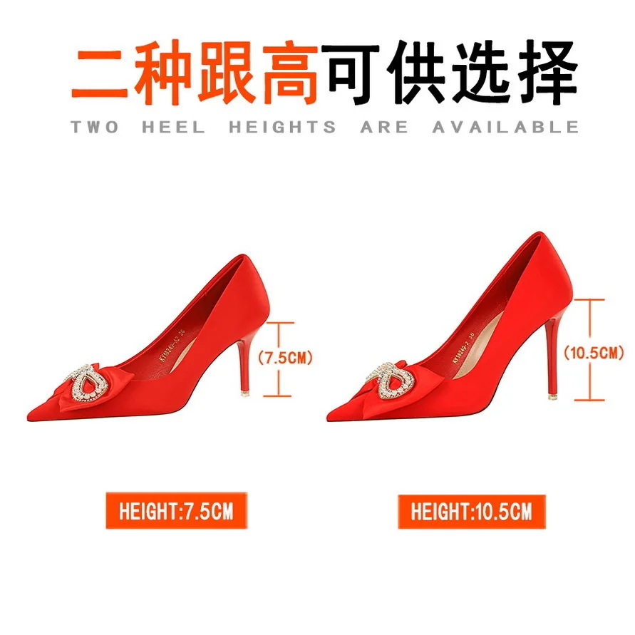 

Women Pumps Shoes Banquet Women's High Thin Heels Satin, Shallow Mouth Sharp Point Water Diamond Pearl Bow Single For Shoese