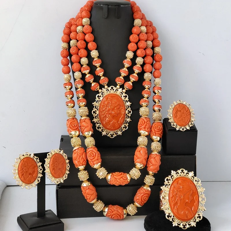 

nigerian coral beads artificial coral jewelry set for woman