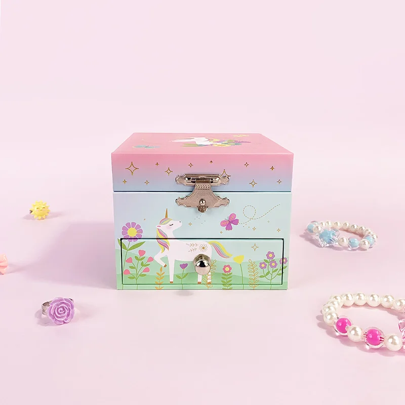 Jewelkeeper Girls' Music Boxes With Drawer Rotating Unicorn Doll Music Box, Rainbow Pink Jewelry Storage Box
