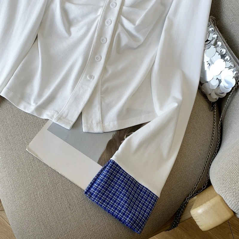 Herbst Vintage Plaid Patchwork Polo Kragen frauen T-shirts Casual Einreiher Langarm Gestrickte Shirts Tops Weibliche 2025