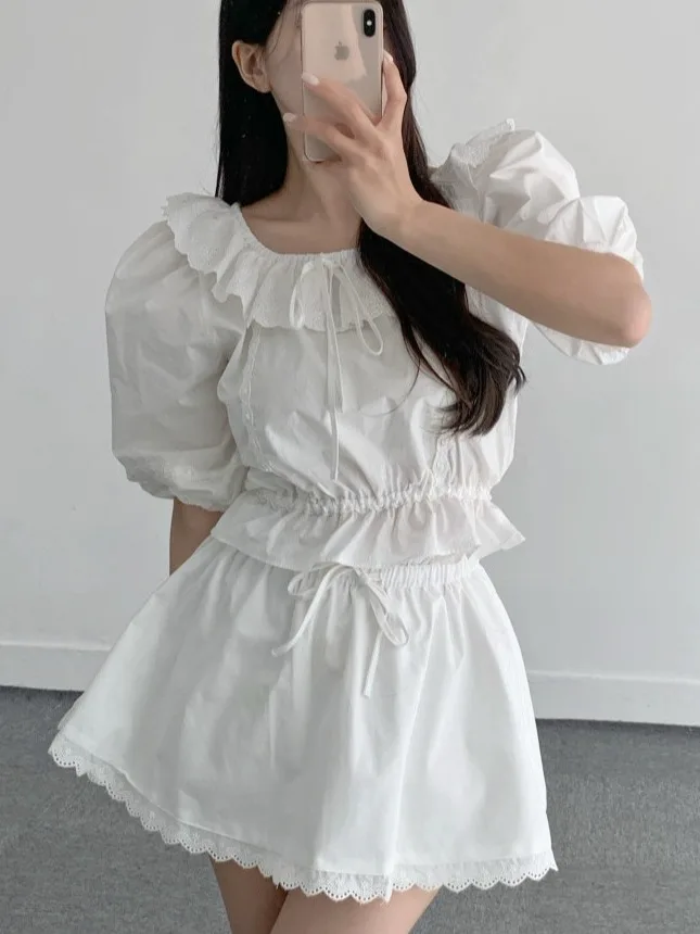 

Stunning Summer Outfit Women's Lace Trim Splice Bubble ort Sve irt plus f Skirt Faionable Ele Lady's Set