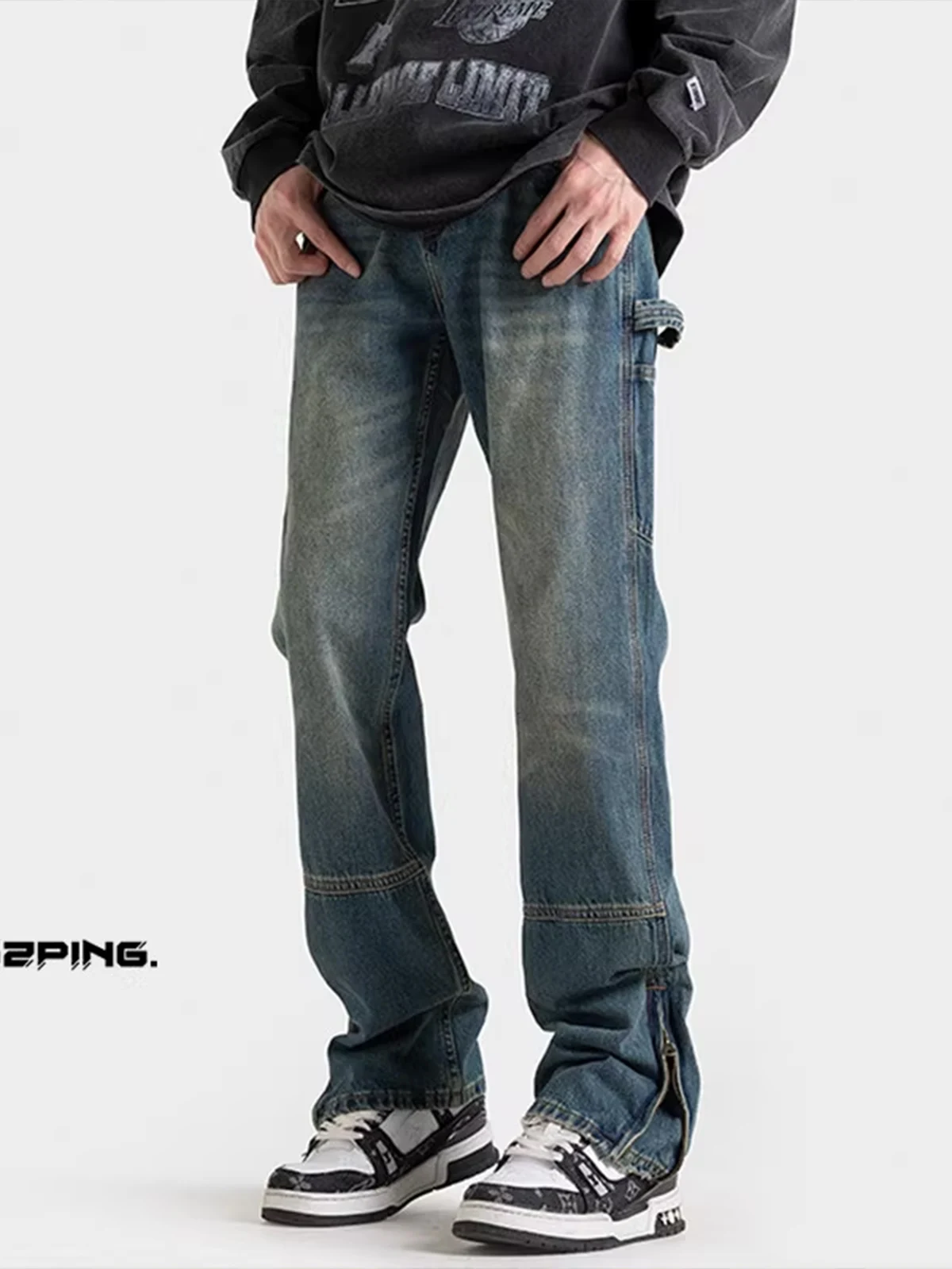 

Waed Vintage Side Zipper Jeans Men's Slim Straight Cleanfit High Street Micro Flared Pants Youth Trendy Long Jeans