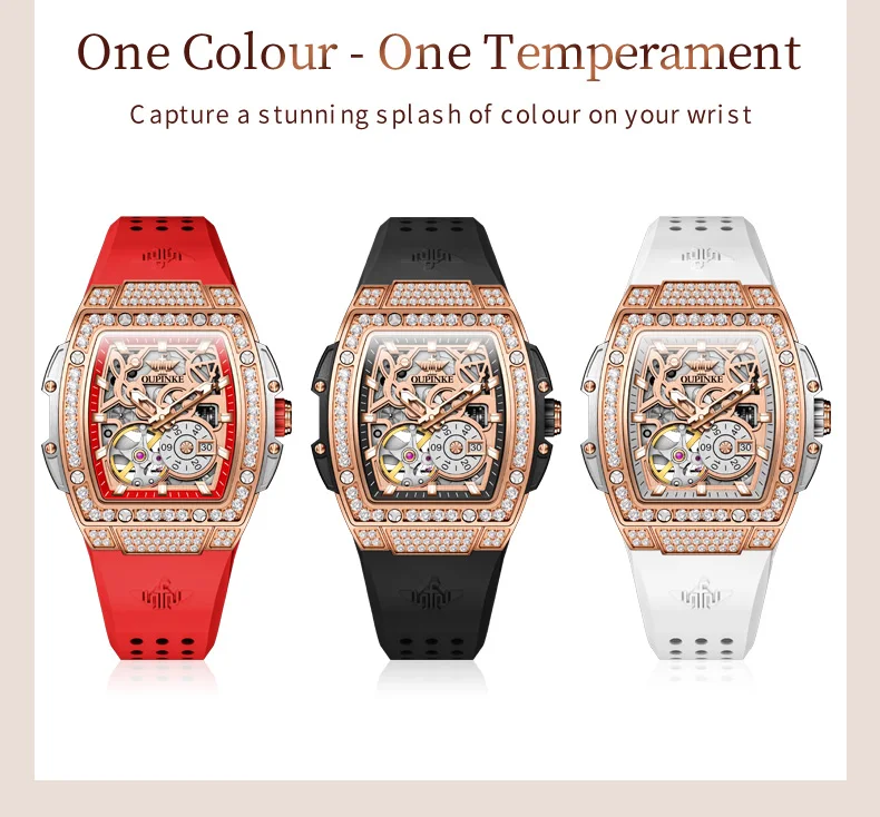 OUPINKE Original Women's Watches High Quality Rubber Strap Imported Japan Movements Automatic Mechanical Wrist Watch for Ladies