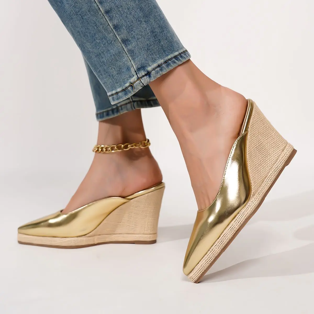 

Fashion High Heels for Woman Gold Black Silver Elegant Women Shoes Luxury Handmade Weaving Lightweight Female Mules Slippers