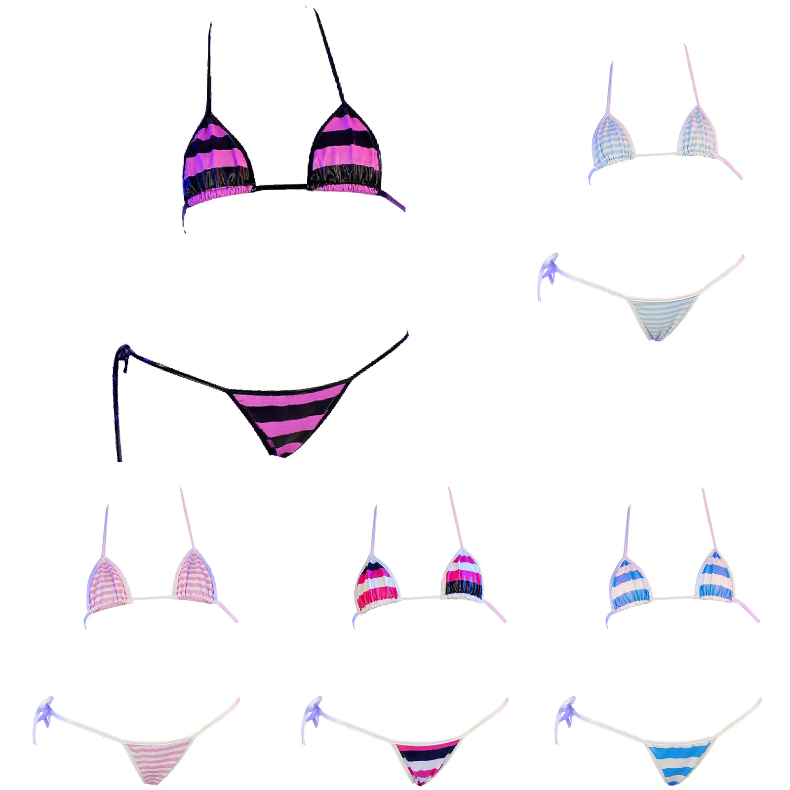 Women's Sissy Two Pieces Mini Bikini Bathing Suit Halter Bra Top with T-Back Briefs Lace-up Patent Leather Lingerie Bra Sets - Image 6