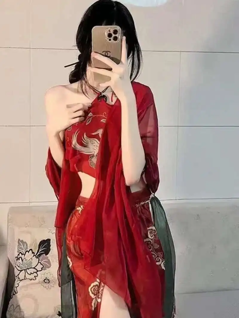 نمط جديد الملابس الداخلية المثيرة مع الشيفون الأحمر المطبوعة العتيقة نمط حزام البطن مجموعة الرغبة النقية Hanfu ملابس خاصة السرير الامتناع عن ممارسة الجنس 19N4 #5