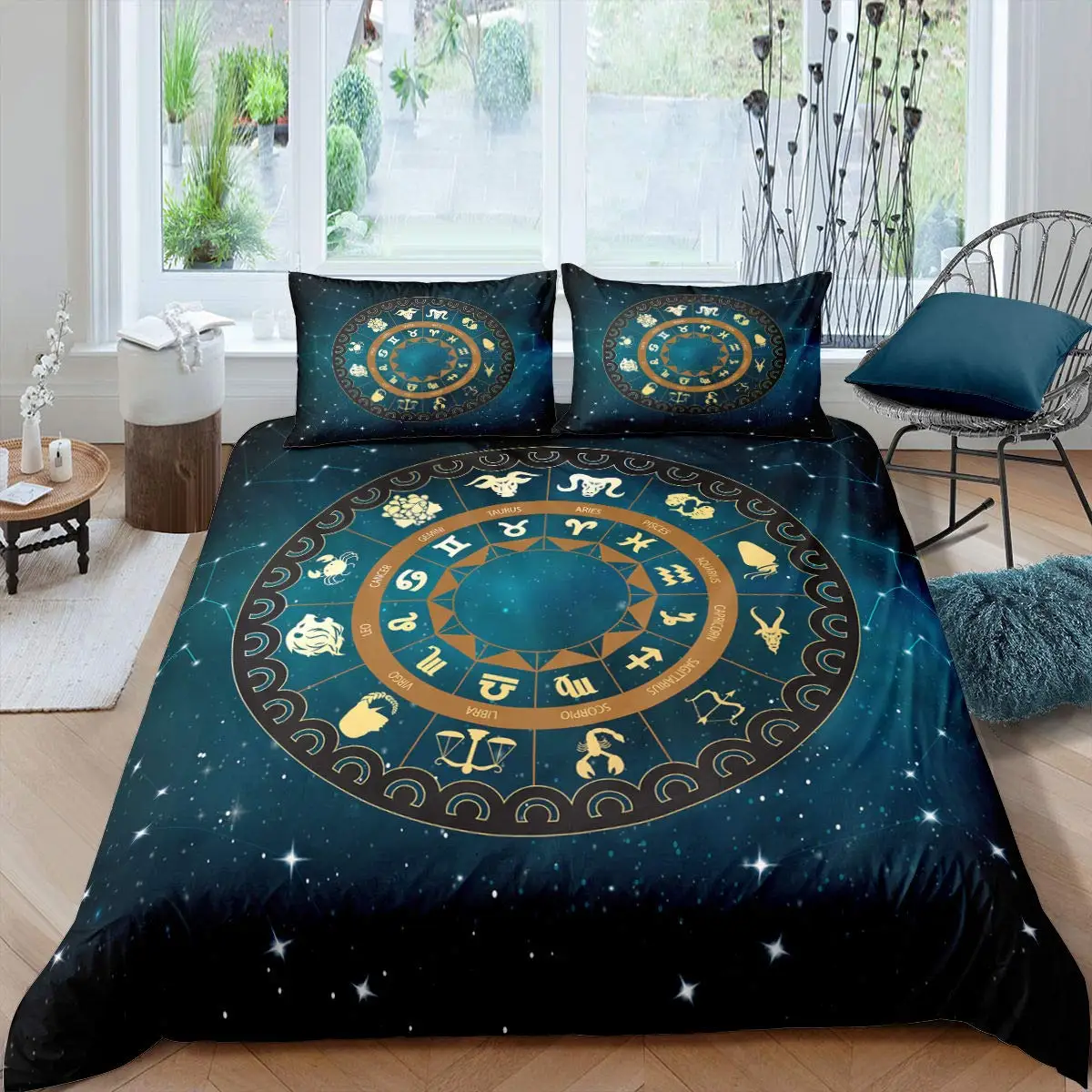 Constellation Duvet Cover Set Golden Pattern Comforter Cover Zodiac Signs Starry Sky Animal Queen Size Quilt Cover for Boy Men