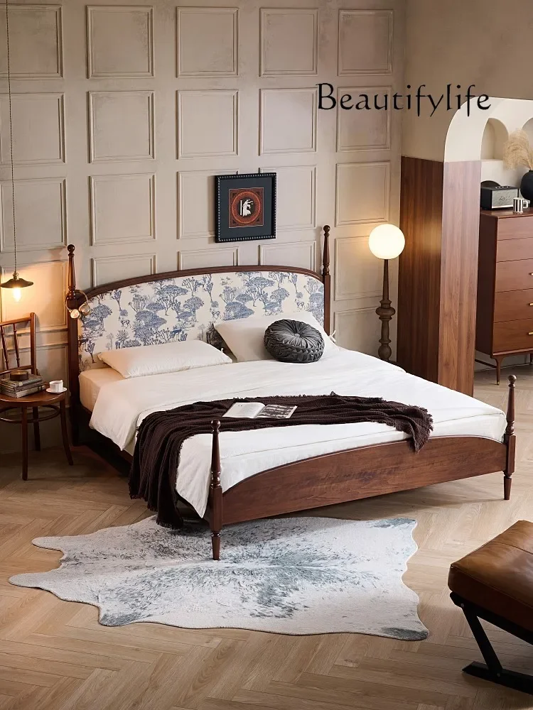 

American Retro Soft Bag Solid Wood Bed 1.8 M Garden Fabric Antique Bedroom Double Bed