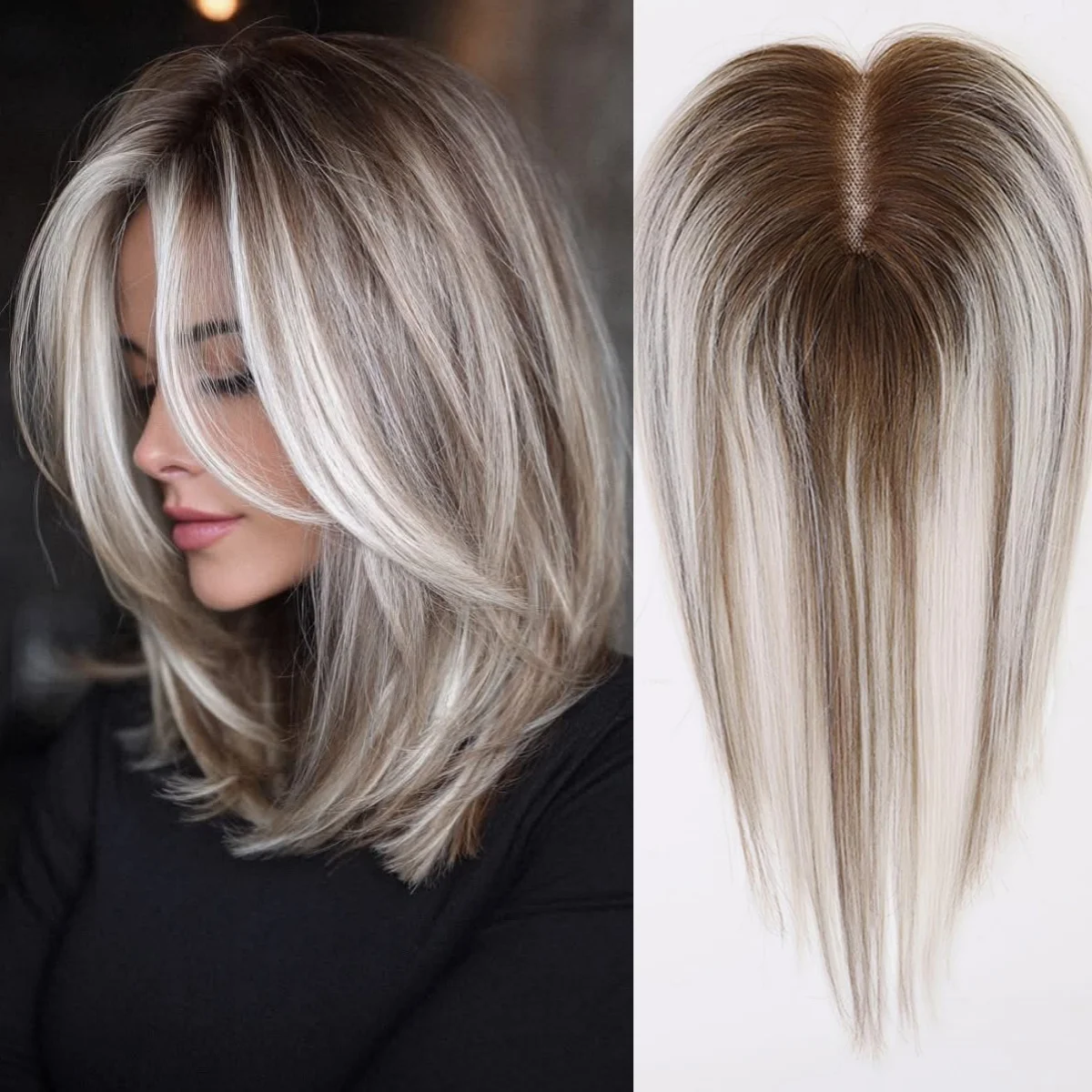 

Накладка для волос из 100% натуральных волос Реми, 12 дюймов, прямая, с центральным пробором, на кружевной основе, от коричневого до платинового балаяжа, для женщин