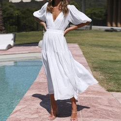 Puff Sleeve Long Dress 2025 New Y2k White Women Boho Summer High Waist Loose V-neck Dresses Party Long Beach Vacation Vestido