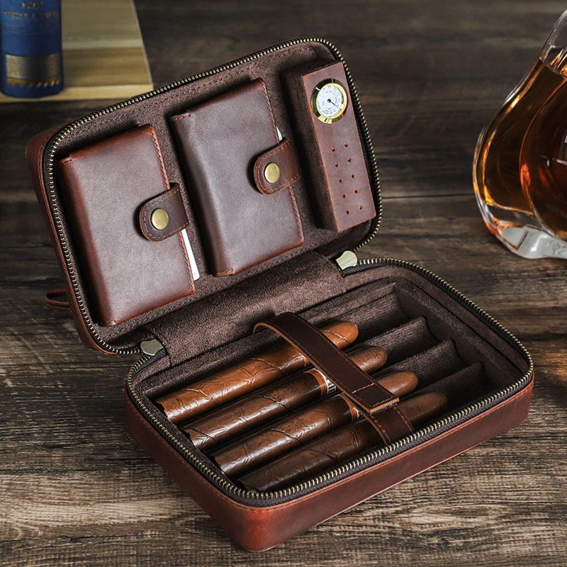 

Portable Genuine Leather Cigar Case Travel Bag Cigars Humidor 4 Tube Holder Box