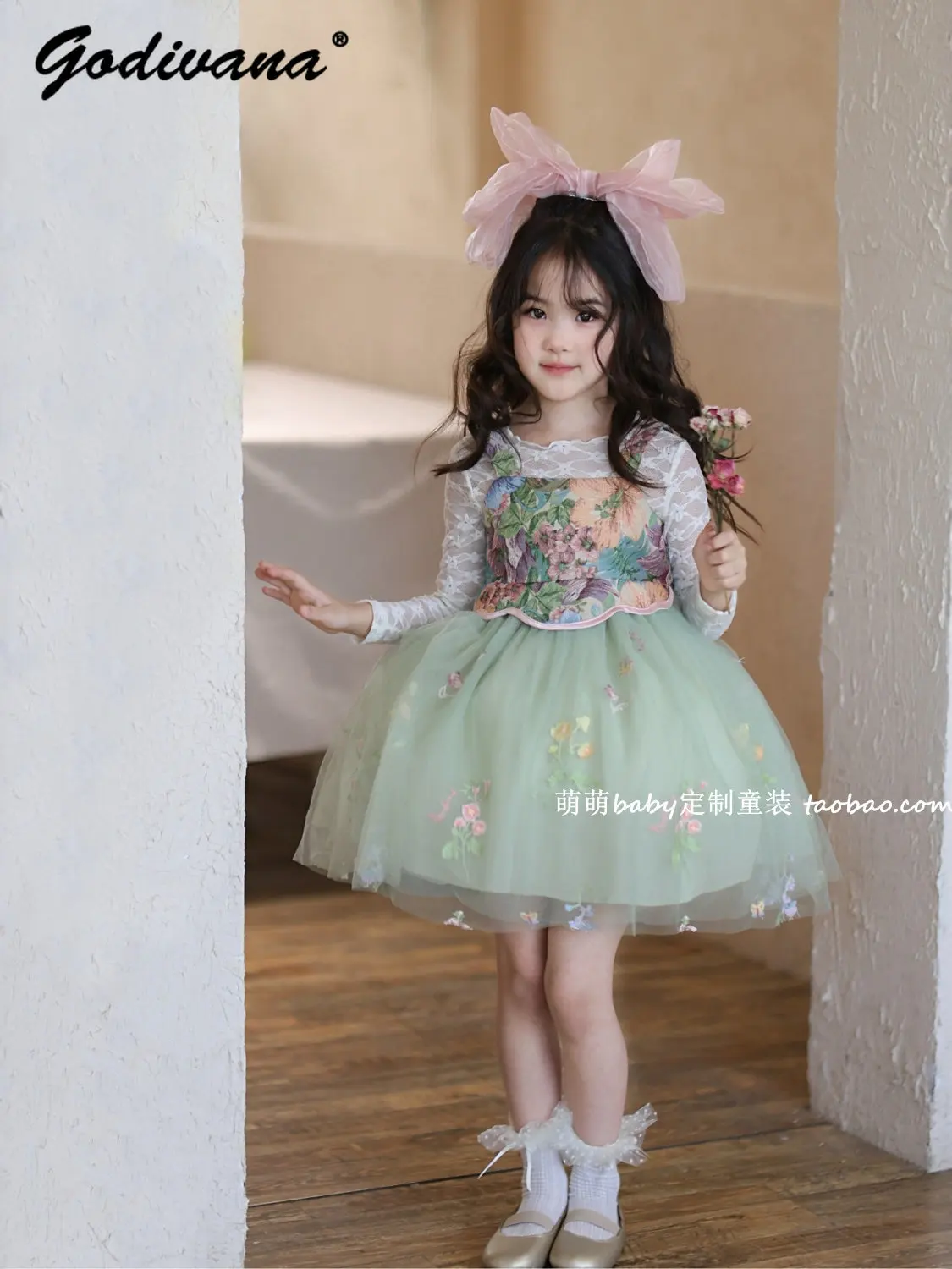 Sweet Baby Girls Vintage Floral Mesh Dress 2026 Autumn New Cute High End Elegant Vest Princess Dress and Long Sleeve Lace Shirt