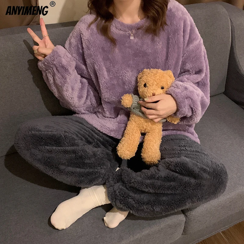 Sweet Warm-warm Pajamas for Women Korean Minimalist Solid Fluffy Thermal Sleepwear Women Leisure Loungewear Winter Girl Pijama