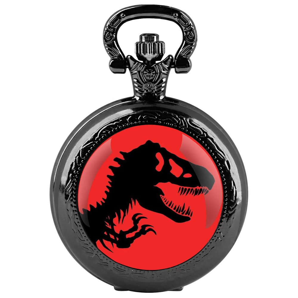 Orologio da tasca al quarzo nero con cupola in vetro di dinosauro con quadrante con numeri arabi e catena resistente, regalo retrò per uomini e donne