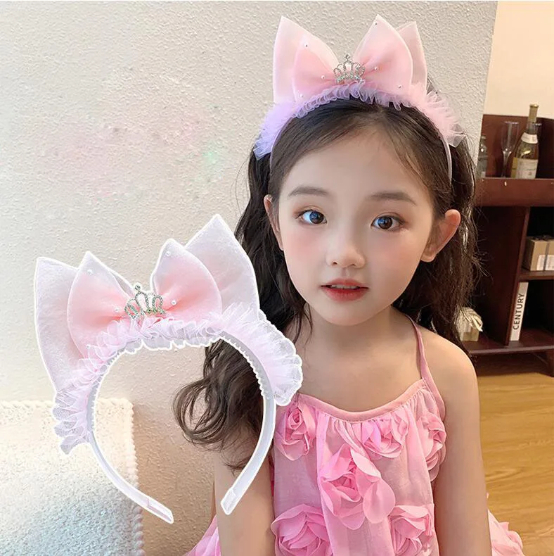 Headbands For Kids Girl Princess Hairbands Crystal Crown Mesh Bow Knot Flower Child Hair Accessories Korean Handmade Wholesale