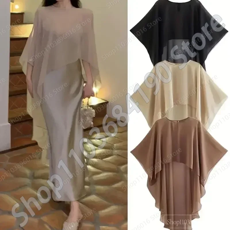 Poncho de verano a la moda para mujer, Tops asimétricos de tul, capa, abrigo Vintage elegante de gasa, chal largo, envolturas para cubrir la noche y la boda