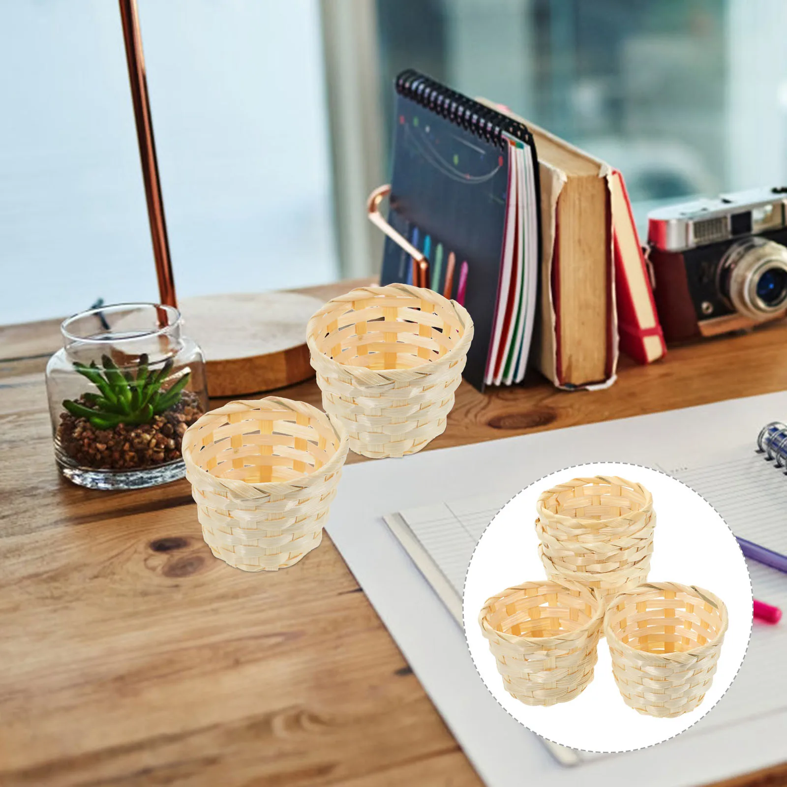 

5pcs Bamboo Woven Basket Storage Container Fruit Food Serving Picnic Basket Practical Handmade Craft for Home Kitchen