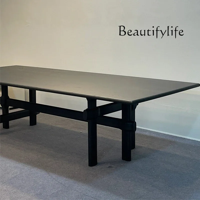 

X36 Medieval Designer Creative Art Solid Wood Dining Table Rectangular Retro Wabi Black Home Dining Table