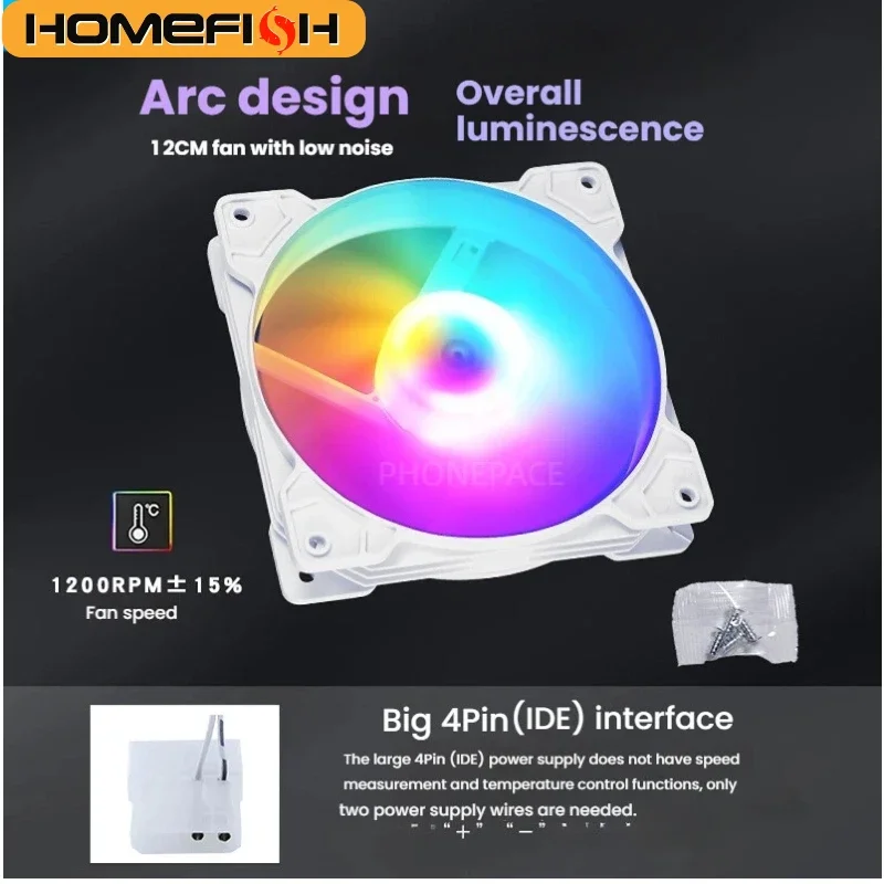 Ventilador de PC RGB LED Silencioso Homefish de 12 cm 12025, Ventilador de Refrigeración de Escritorio Grande de 4 Pines, Com