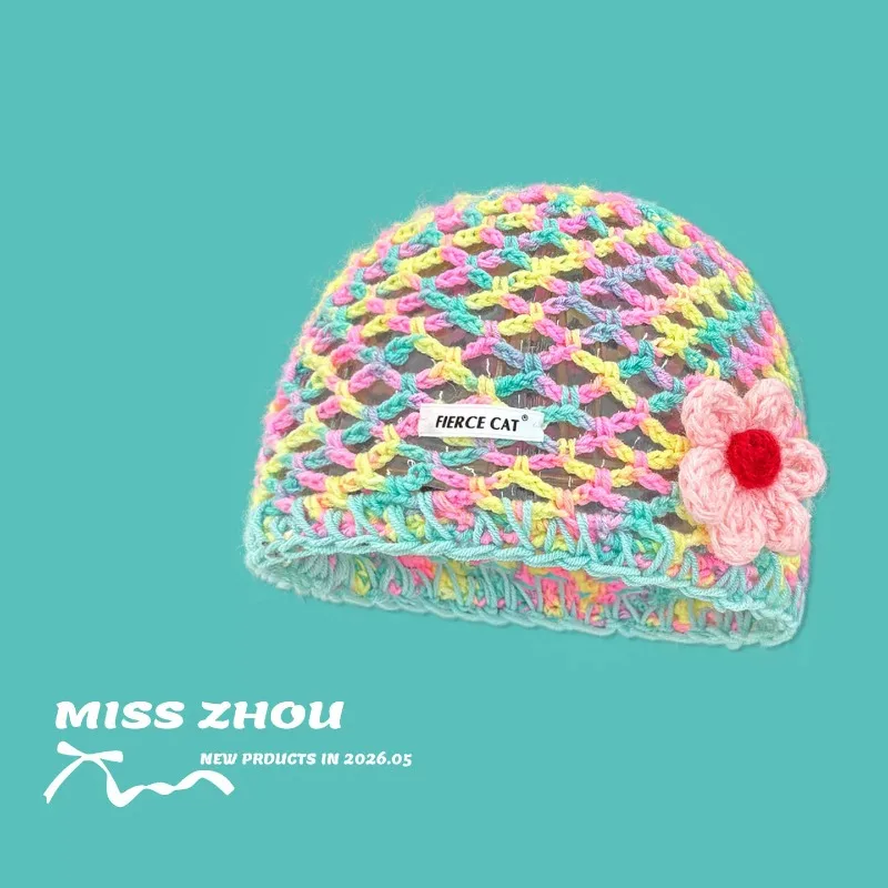 Dopamine Contrast Handmade Flowers Knitted Hollow Out Beanies Y2K Spring Summer Travel Breathable Versatile Sweet Women's Hat