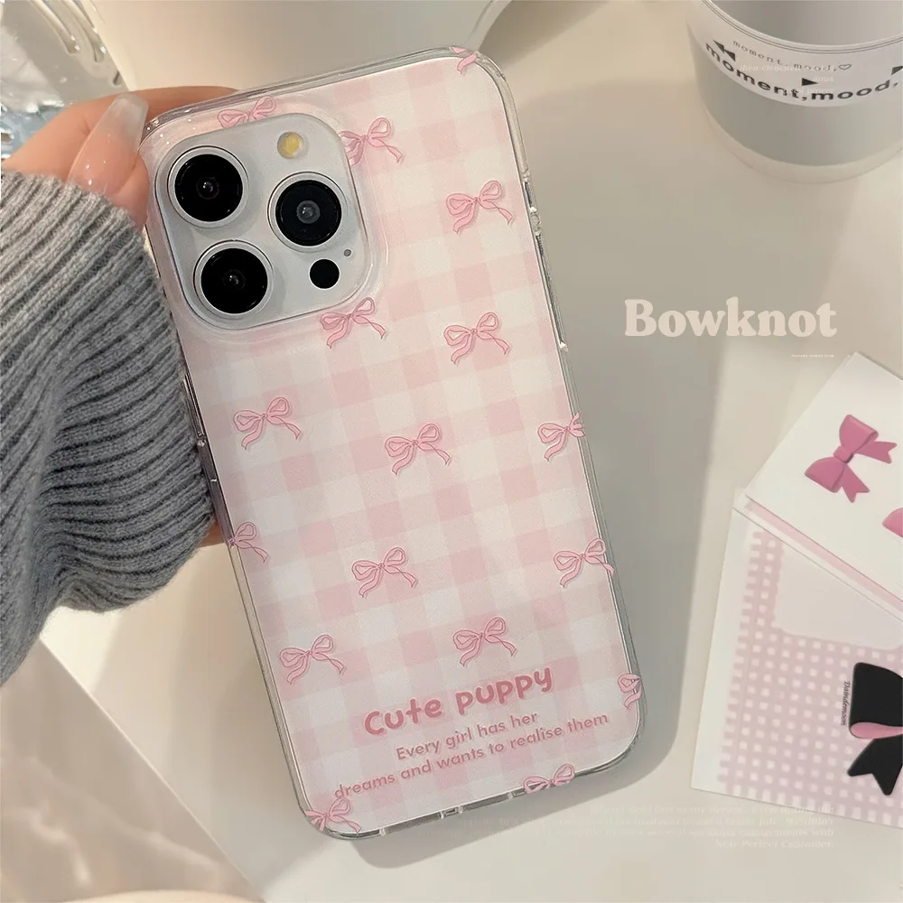 Korean Style Double Layer Printed Pink Plaid Bow Phone Case for IPhone15 14 12 13  Pro ProMax Plus  Shockproof Phone Cover