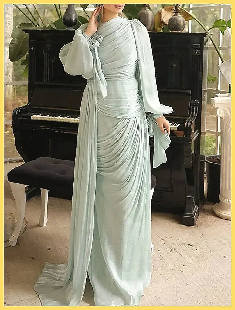 Elegant Pleated Maxi Dress for Women, High Waist Long Sleeve Evening Gown for Party Banquet