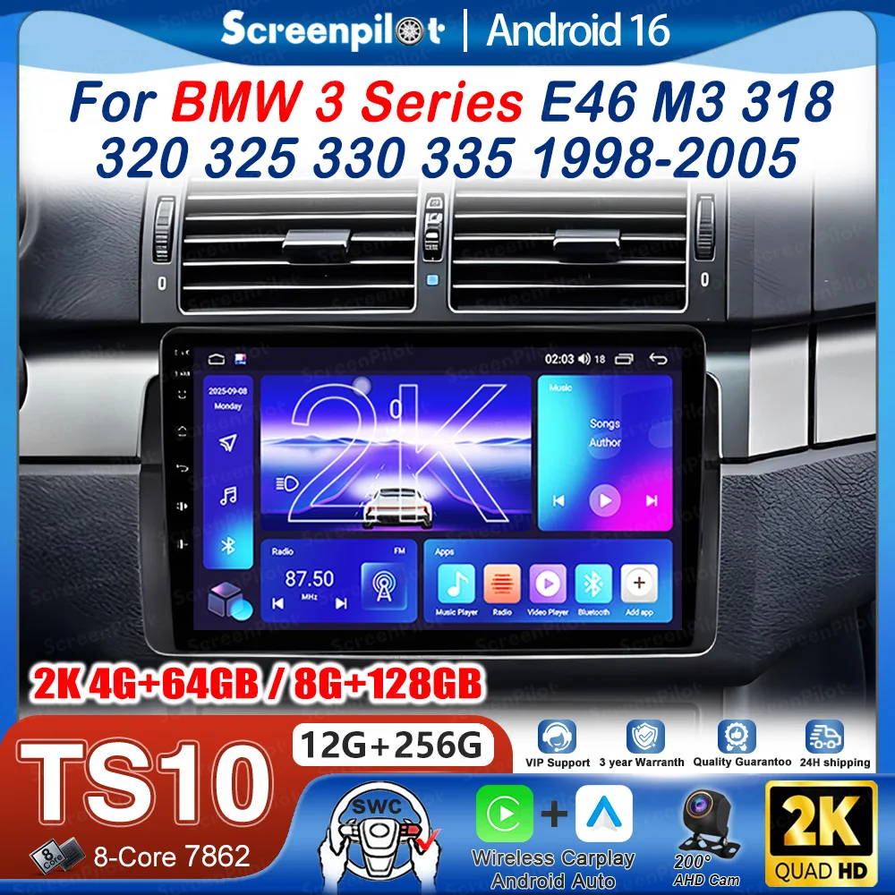 Android 16 9'' Wireless Carplay Car Radio Stereo Multimedia Player for BMW E46 M3 318 320 325 330 335 1998-2006 Car Player BT