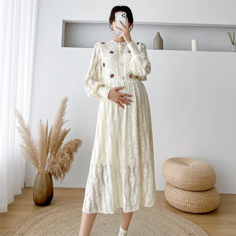 

Pregnant Women Winter Dress Knit Sweater Patched Hollowed Lace Long Sleeves Dresses Maternity Fashion