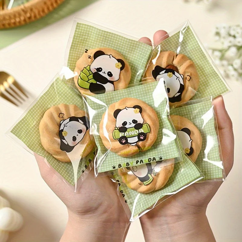 100pcs Cute cartoon panda self-adhesive bag, cookie packaging bag, transparent packaging bag - versatile