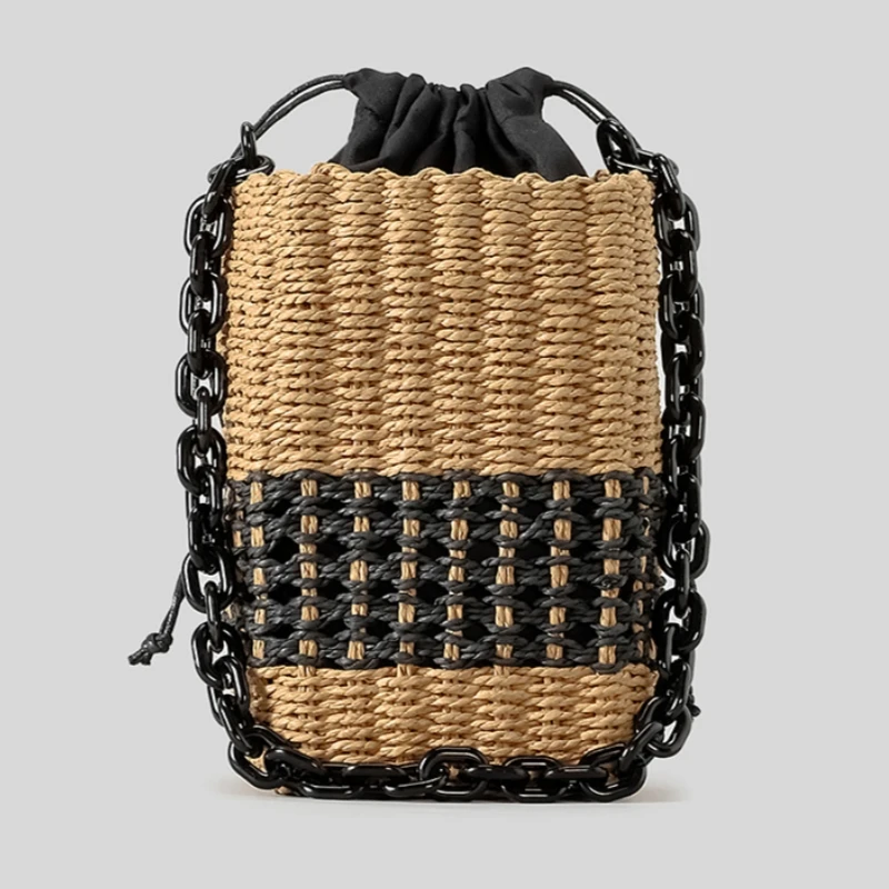 Female Summer Square Straw Bag Design Acrylic Chain Women's Drawstring Shoulder Bag Bohemian Bali Vacation Travel Beach Bag