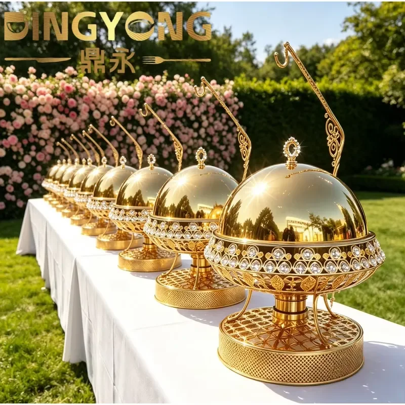 Gold stainless steel round hanging insulator with glass lid and stove for wedding event catering