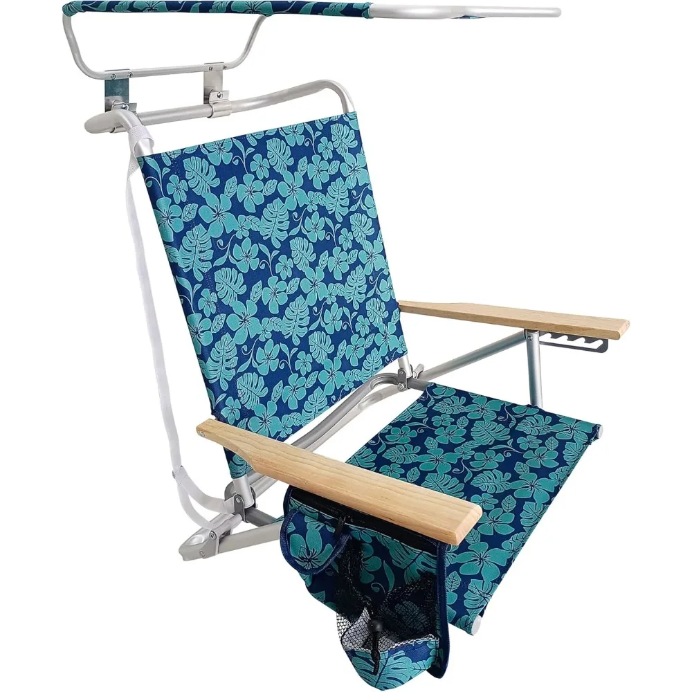 

Folding Beach Chair, Backpack Recliner with Canopy, Blue Flower