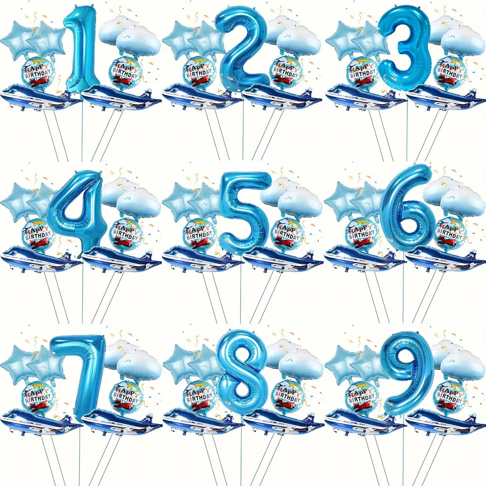 9pcs Airplane Balloon with 32 inch Blue digital 1-9 Number Foil Balloon Kids Pilot Theme Boys Aircraft Birthday Party Decoration