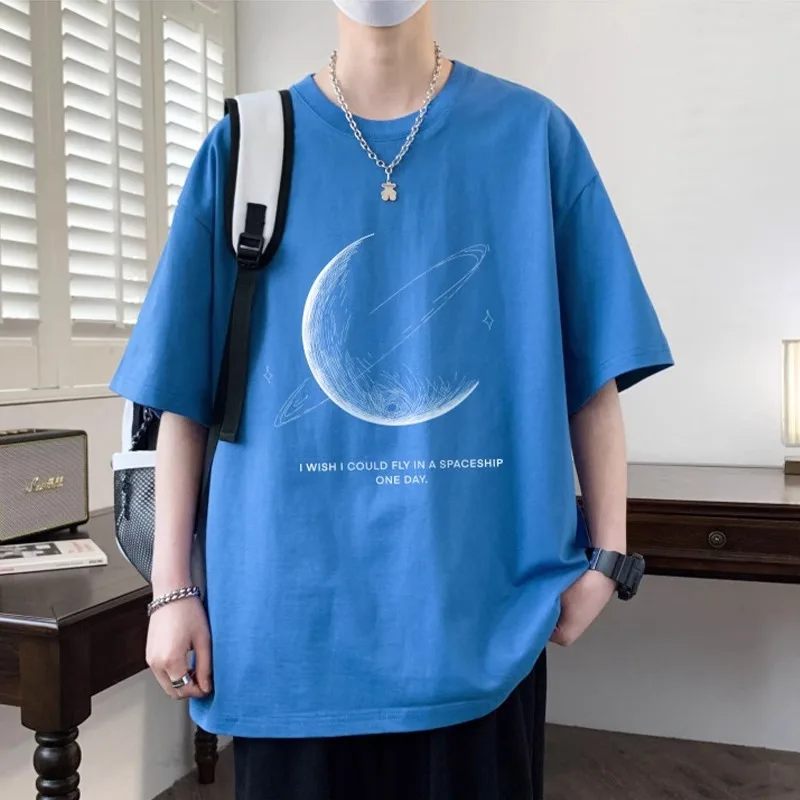 

Pure Cotton Short Sleeve T-Shirt Men's Summer New Style Thin Loose Fit Casual round Neck Half Sleeve Printed Geometric Pattern