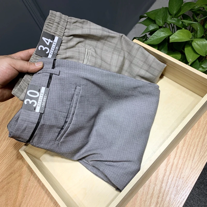 High Street Briti Sle Men's Comfortable Breathable Plaid Slim Fit Casual Pants Faionable Long Trousers Spring Summer