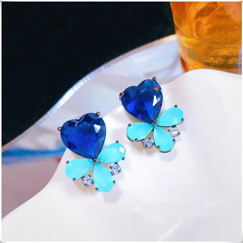 Blue Earrings 925 Needles Retro Sweet Lady Love Bow High-quality Zircon Crystal Fairy Net Red Personality Wild Jewelry
