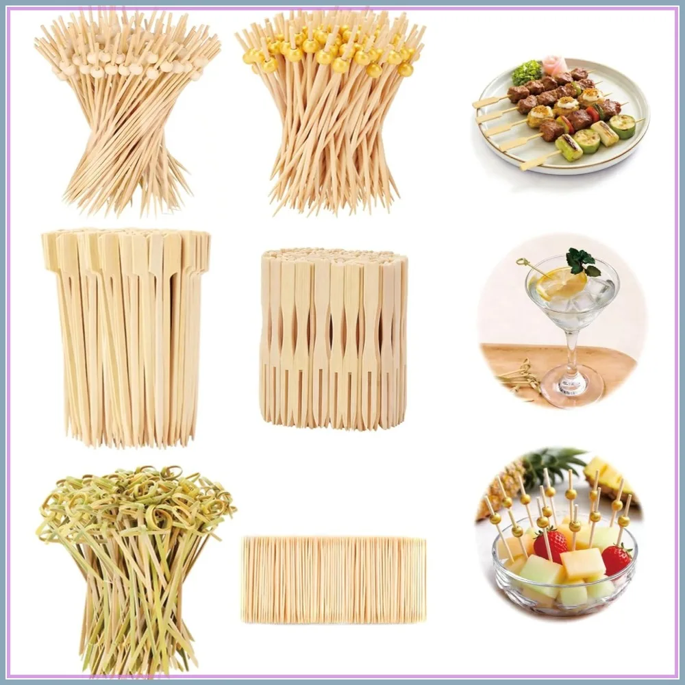 Kit de 500 Palillos para Cócteles en 6 Estilos, Palillos de Bambú Natural para Bebidas, Aperitivos, Martini, Aceitunas y Fiestas