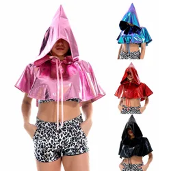 Shiny PU Leather Holographic Cape Unisex Cosplay Metallic Hooded Rave Festival Cloak Hat Halloween Witch Vampire Costume Party
