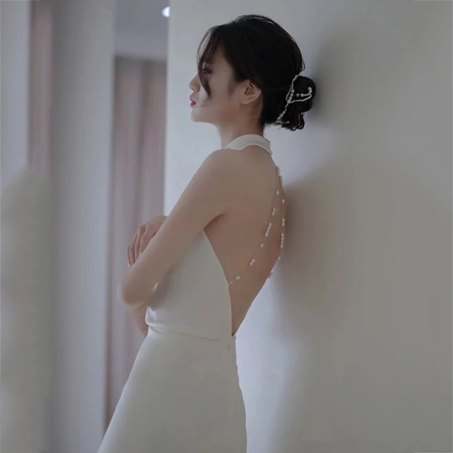 PJN 2025 NEW White Pearl Halter Backless Mermaid Wedding Dress for Bride Snapshot Dresses Women Formal Long Evening Party Dress