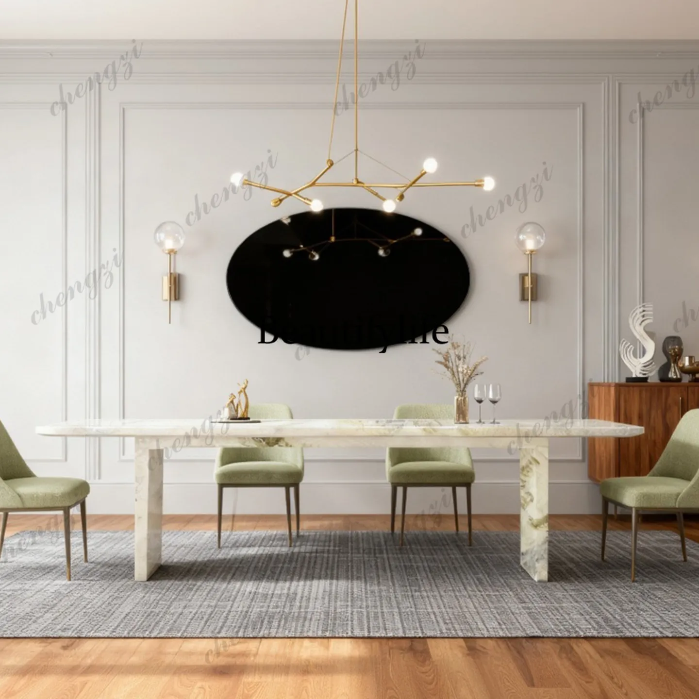 P37 Modern light luxury high-end rectangular dining table natural marble green stone
