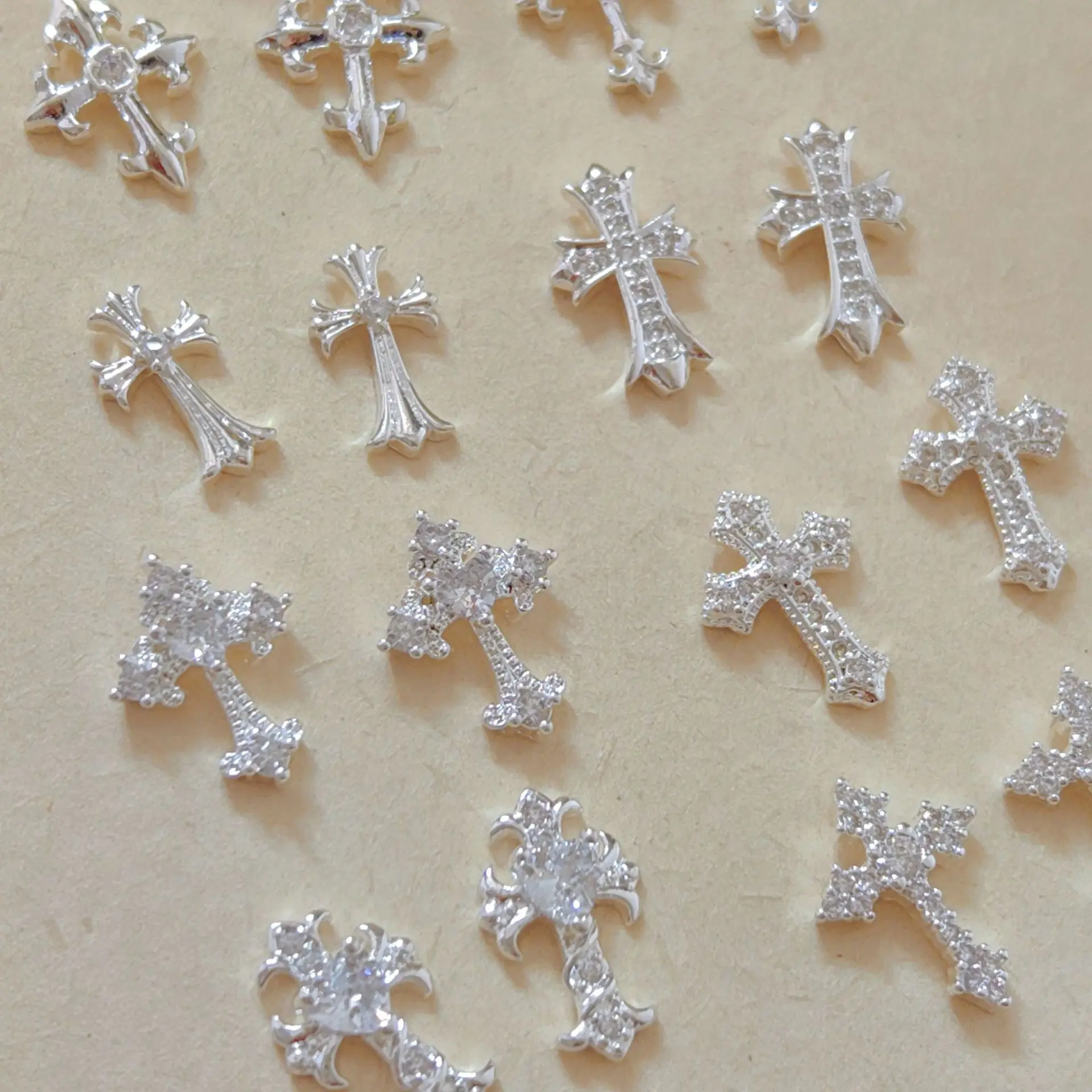 5 Pcs Japanese Bright Silver Cross Zircon Nail Charms Punk Gothic 3D Metal Rhinestone Nail Decorations Shiny Alloy Nail Gems