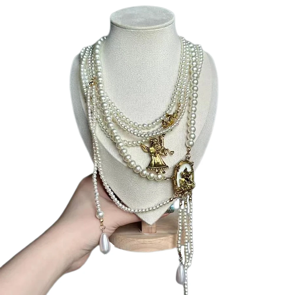 Vintage Baroque Pearl Choker Necklace Layered Stackable Pearl Long Necklace with Gold Angel Pendant Adjustable Fashion Gift