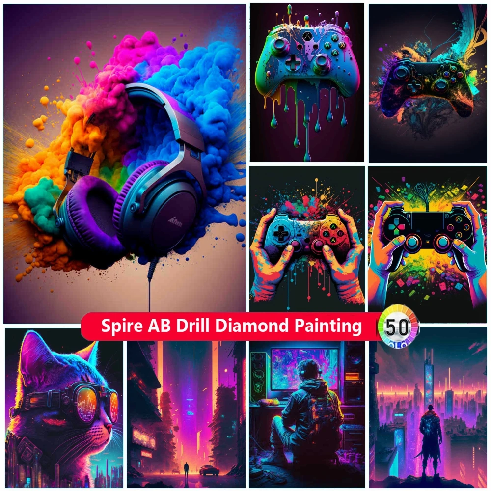 

Colorful Neon Gamer Controller AB Drills Diamond Painting New Embroidery Kawaii Fantasy Earphones 5d Cross Stitch Kit Home Decor